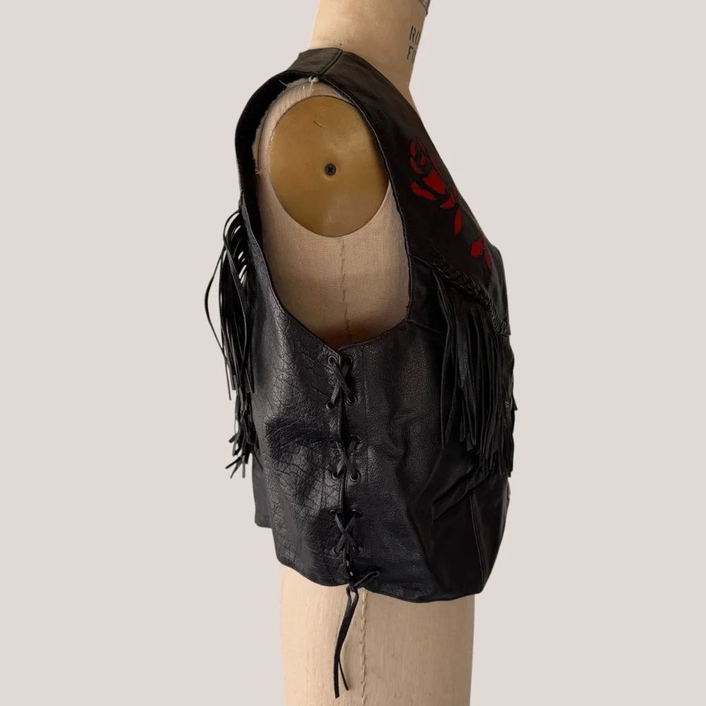 Vintage MOB Genuine Leather Black Red Rose Fringe Vest - Picture 8 of 10